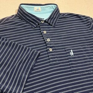 Johnnie O Hangin'‎ Out Mens Polo Shirt Size M Navy Blue Striped Surfboard